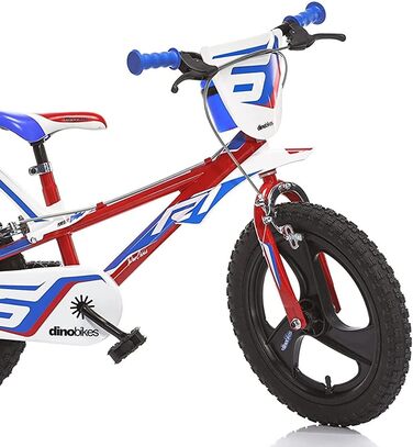 Дитячий велосипед Dino Bikes 14 дюймів для хлопчиків з ручними гальмами, допоміжними колесами, червоно-синьо-білий