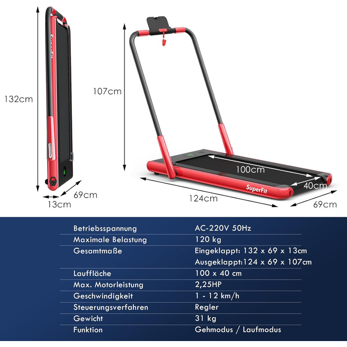 Бігова доріжка COSTWAY 2 в 1, складана, 2,25 к.с., з APP, Bluetooth, дистанційним керуванням, швидкість 1-12 км/год, для дому, червона