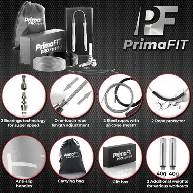 Скакалка PrimaFIT для дорослих 3м, професійна, регульована, з вагами, 2 підшипники, антиковзкі ручки, для боксу, MMA, кросфіту, сталевий трос, з сумкою, срібляста