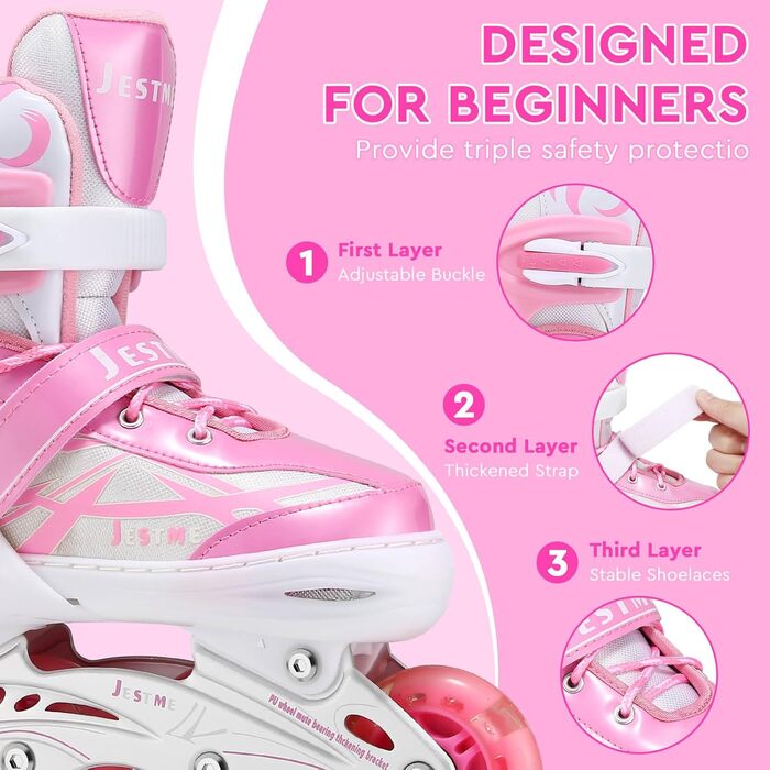 Дитячі ролики для дівчаток, регульовані, рожеві. Ролики для катання в приміщенні та на вулиці. Розмір M (EU 32-36)