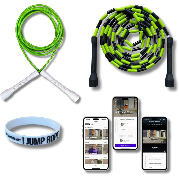 Набір скакалок Elevate Rope: 2 шт. регульовані, з додатком для тренувань. Підходить для дорослих та дітей. Швидкісні та з перлинками. Для занять в приміщенні та на вулиці. Колір: зелений