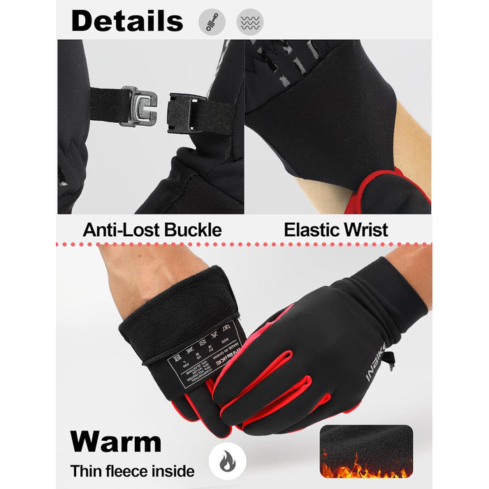 Зимові рукавички для катання на лижах та велосипеді з сенсорним екраном, Winddicht, теплі, WF709, зелені (чорно-червоні), розмір S