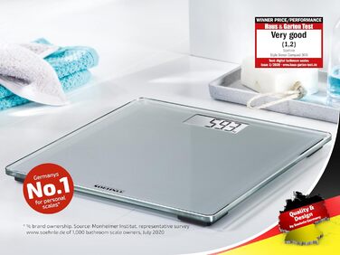 Цифрова вага Soehnle Style Sense Compact 300 для зважування людей, з великою платформою, зрозумілим LCD-дисплеєм, ультратонкий дизайн, безпечне скло, сіра