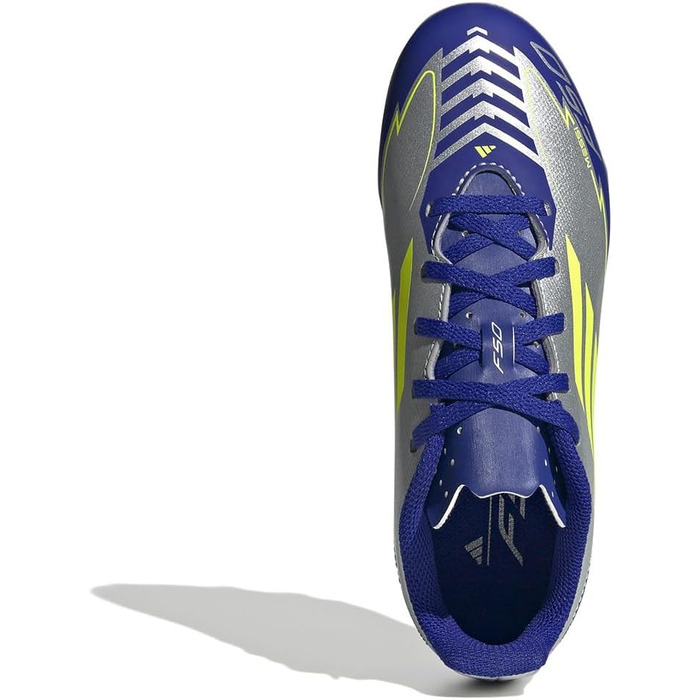 Футбольні бутси adidas F50 Club Messi для унісекс, гнучка підошва, розмір 21 EU, сріблястий, сонячно-жовтий, блакитний