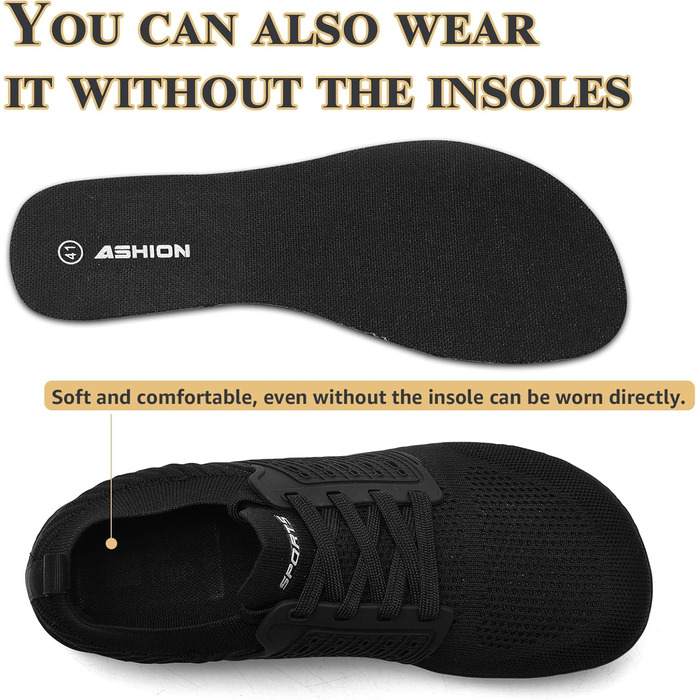 ASHION Взуття для ходьби та бігу без шкарпеток (унісекс), широка модель, чорний колір, 41 EU