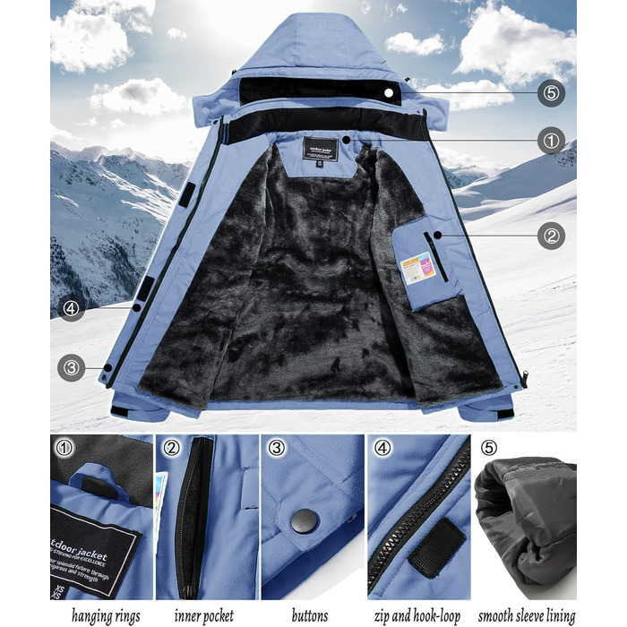 TACVASEN Жіноча перехідна куртка, тепла зимова куртка, вільна куртка для походів, гірськолижна куртка з водонепроникним блискавкою, S, світло-блакитна