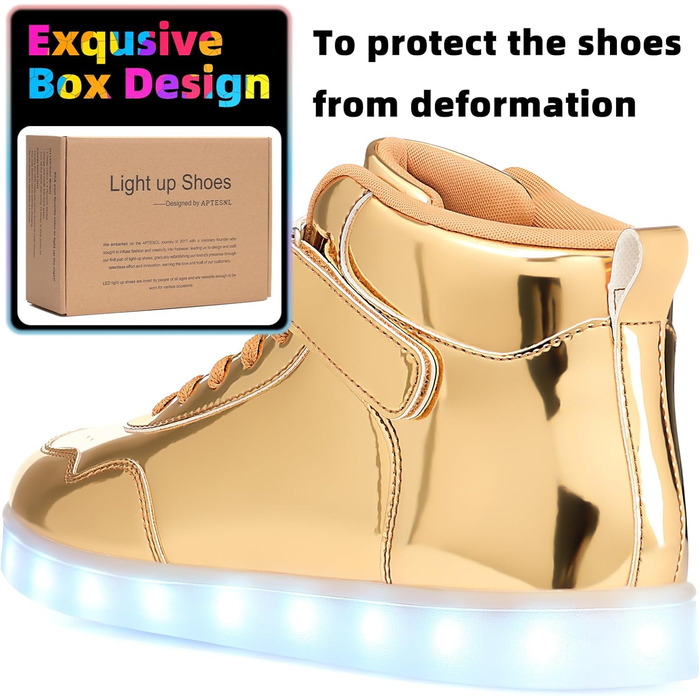 APTESOL LED кросівки високі, світлодіодні, зарядка USB, золото, для жінок та чоловіків, 42 EU