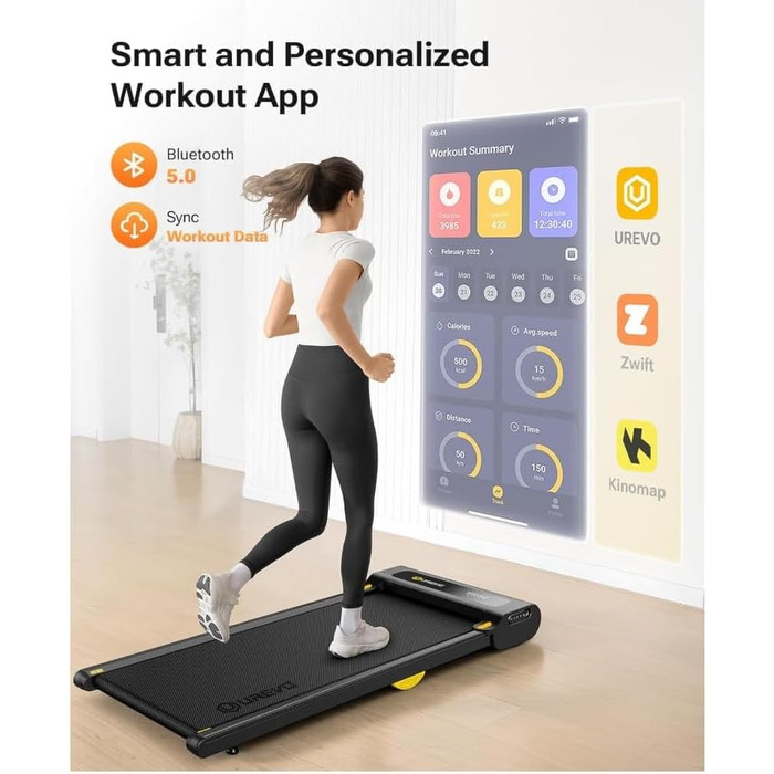 Біговий доріжки з APP, Smart Walking Pad з подвійною амортизацією, ультратонкий біговий стіл з великою зоною бігу для дому/офісу, max 120 кг з пультом дистанційного керування та LED-дисплеєм [SpaceWalk Lite] (Чорний з APP)
