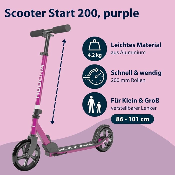 HUDORA Scooter Start 200: стабільний висувний ролер з алюмінію, регульована висота, складаний, для дітей та дорослих (до 100 кг), з підніжкою, фіолетовий