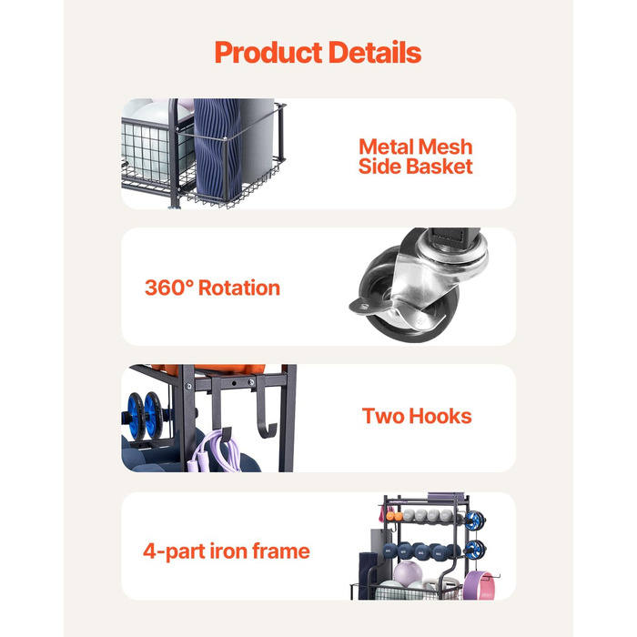 Стенд для зберігання та підтримки йогаматів та гантелей VEVOR - мобільний, з колесами та гачками, для домашніх тренувань