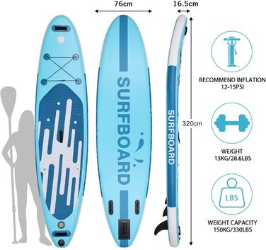 SUP дошка ZealWe надувна 335 см для 2 осіб/сім'ї, блакитна: комплект з сидінням, веслом та аксесуарами для водного спорту