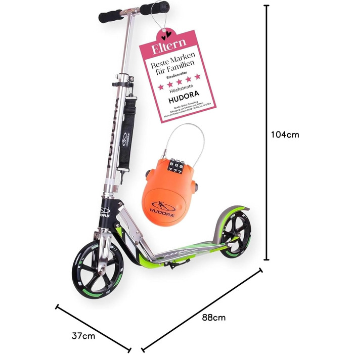 Самокат HUDORA BigWheel 205 алюмінієвий, складаний, з підніжкою та замком - для дітей та дорослих до 100 кг