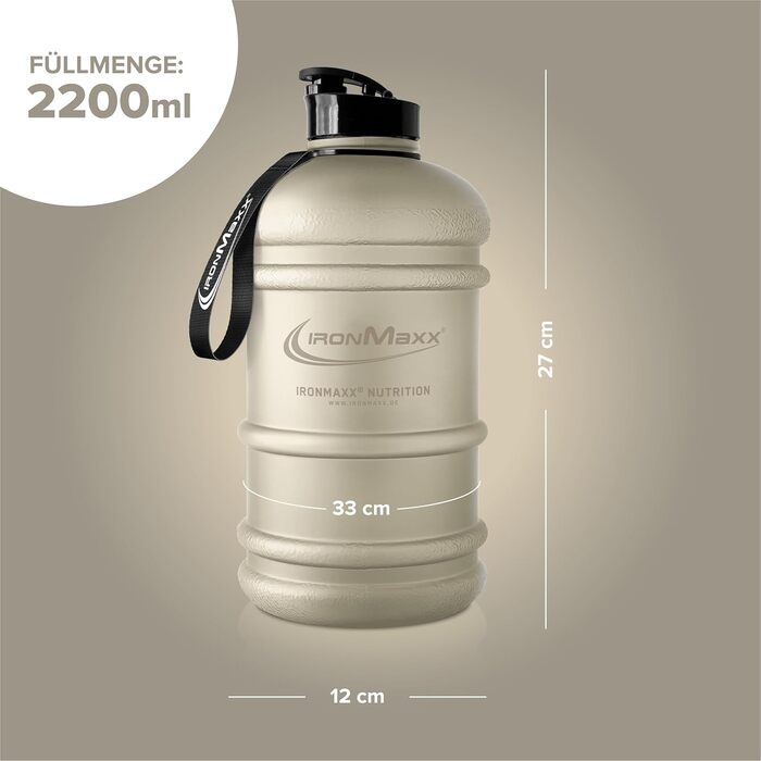 Вода IronMaxx Gallon - 2200 мл | Без BPA та DEHP | Спортивна пляшка з мірною шкалою, витокозахисна | Різні кольори (Матовий пісочний бежевий)
