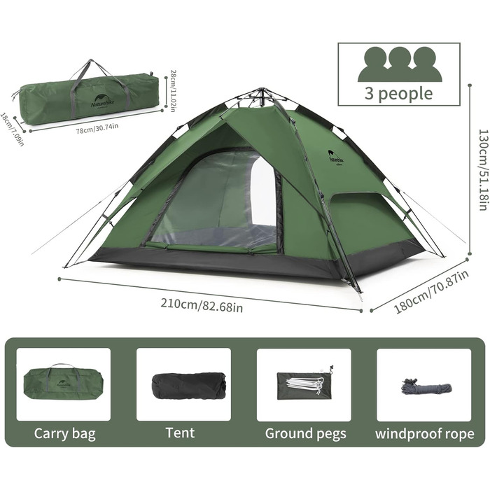 Naturehike Намет Pop Up для кемпінгу 3-4 особи, автоматичний, сімейний, куполоподібний, зелений - 3P