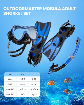 Комплект для снорклінгу OutdoorMaster Mobula для дорослих: маска, ласти, трубка з панорамним оглядом, антифог, Dry Top, для плавання та дайвінгу, сірий/чорний, S/M