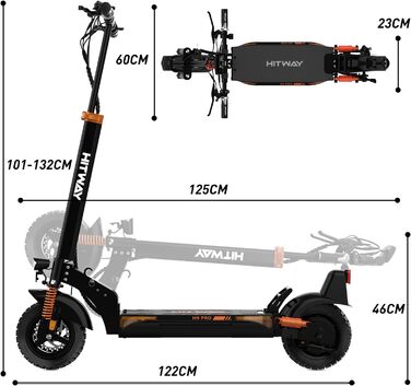 Електросамокат HITWAY H9 PRO з дорожнім допуском, 10-дюймовий, складаний, подвійна амортизація, акумулятор 48В 27Аг, мотор 500Вт, запас ходу 110 км, 20 км/год, APP, чорний/оранжевий