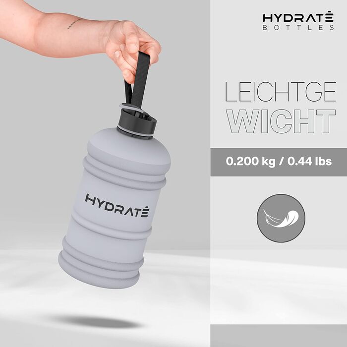 Фляга для води HYDRATE XL 2,2 л - для спортзалу, спорту та подорожей, без BPA, витривала, сіра, 2200 мл