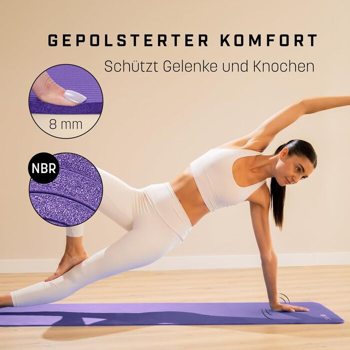 Йога-мат KG Physio 8 мм, нековзкий, з ременем, фітнес-мат, гімнастичний мат, 183x60 см, ліловий