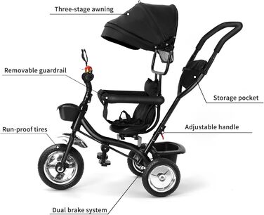 Триколісний велосипед для малюків 5 в 1, росте разом з дитиною, велосипед-коляска, поворотний сидіння 360°, штовхач, знімний капюшон, ремінь безпеки 3-точ., кошик, 1-5 років (5 в 1), чорний