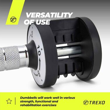 Регульований набір гантелей TREXO 2x5 кг зі сталі з неслизькими ручками. Ідеально для силових тренувань вдома та в спортзалі. Стабільна підставка (багато кольорів, 2x10 кг)