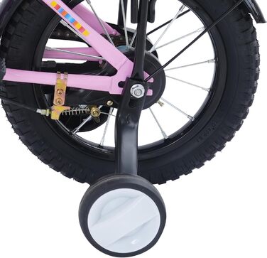 Дитячий велосипед 14 дюймів для хлопчиків та дівчаток з додатковими колесами, кошиком та заднім сидінням, регульована висота, сталевий велосипед для дітей 3-6 років, рожевий