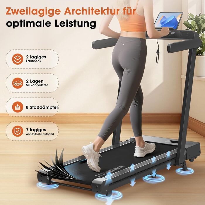 Walking Pad VANNECT: компактний біговий тренажер для дому з регулюванням нахилу, LED-дисплеєм, пультом керування, потужністю 3.0HP та вагою до 180 кг (чорний)