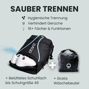 Рюкзак для тенісу Otaro з відділенням для взуття, ноутбука та термо-відділенням для ракеток, 42л, Чоловічий/Жіночий, з кишенями для води та м'ячів, з дощовиком та мішком для брудної білизни - Чорно-Синій