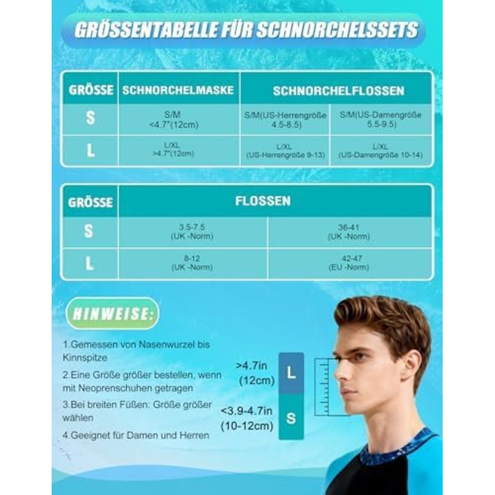 Набір для снорклінгу для дорослих: складана маска з трубкою та ластами, CO2-безпечна, проти запотівання та без витоку, з сумкою. Маска та ласти S/M, чорно-зелений колір