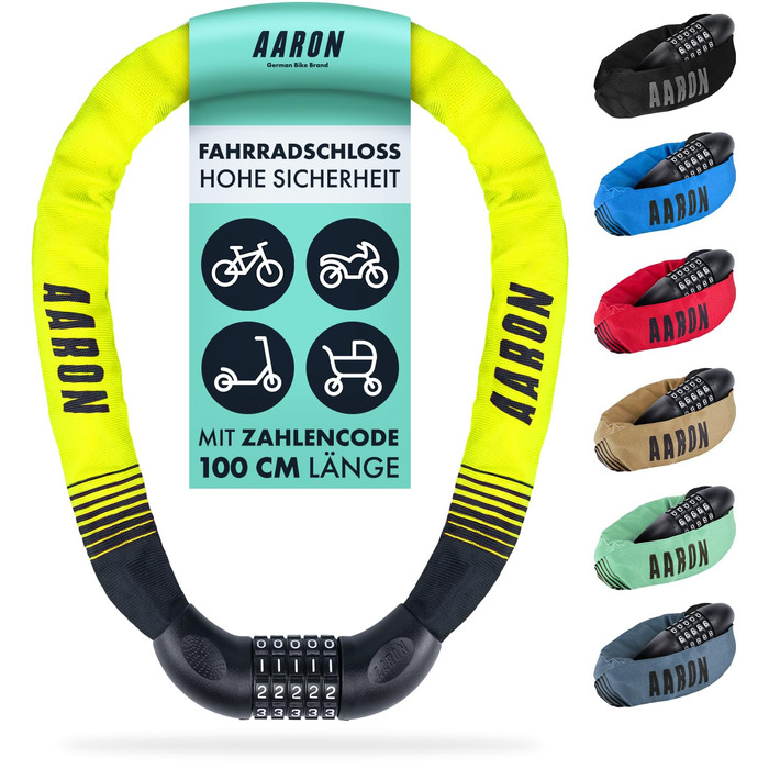Замок для велосипеда AARON Lock One з 5-значним кодом, сталевий ланцюговий замок, високий рівень захисту, підходить для E-bike, MTB, Trekking, Tour, Road bike (Жовтий)