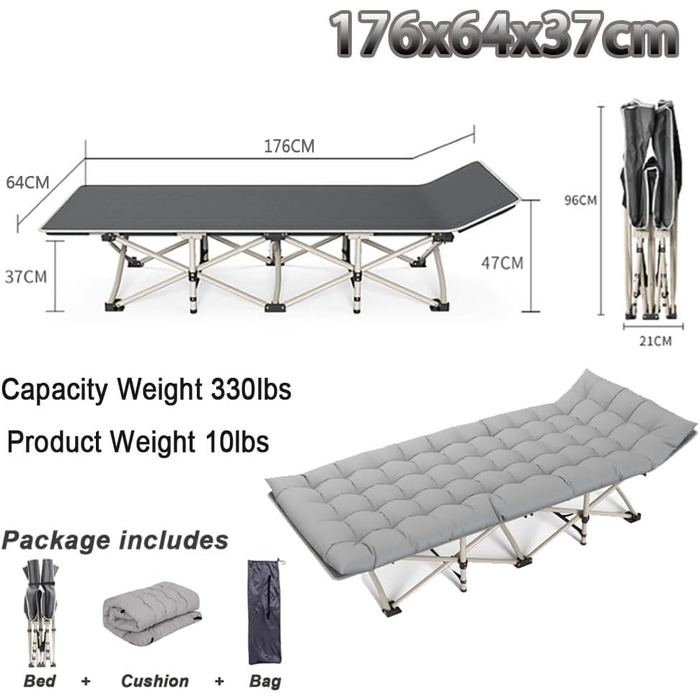 Розкладне ліжко-крісло для кемпінгу з матрацом, 176x64x37 см. Макс. вантажопідйомність 250 кг, з сумкою для перенесення. Підходить для відпочинку на природі, в саду, на пляжі та в подорожах.