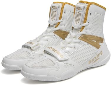 Боксерські кросівки для чоловіків та жінок, дитячі кросівки для залу, кросівки для боротьби, високогірні боксерські кросівки з неслизькою підошвою та дихаючим матеріалом (38 EU, білий/золотий)