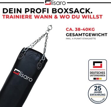 Боксерський мішок Lisaro Profi 150 x 35 см, наповнений, для боксу, кікбоксингу та MMA, штучна шкіра (вініл), з 4-точковим сталевим ланцюгом, чорний
