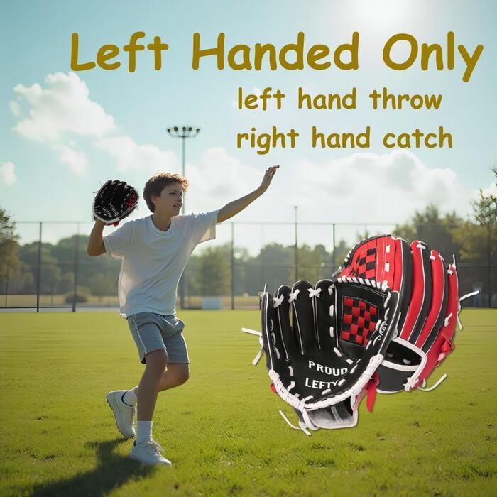 Рукавичка для бейсболу Urby для лівшів, дитяча, для T-ball (чорно-червона, розмір 11.5 дюймів, 7-11 років)