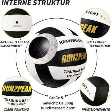 Волейбольний м'яч RUN2PEAK 0,5 кг для тренувань, розмір 5, важкий, для сеттерів, чорний/білий/золотий