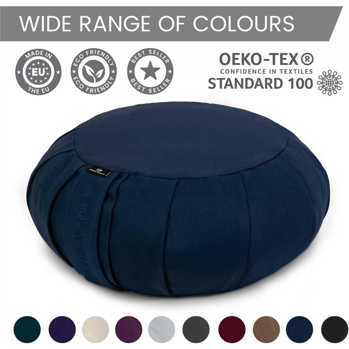 Йога подушка Zafu кругла 35x18 см, бавовна, гречане лушпиння, синя (Yoga Studio), з ручкою – органічна для медитації