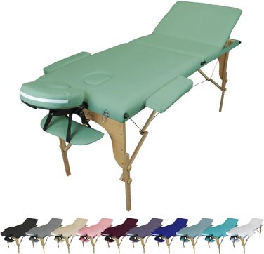 Розкладний масажний стіл Vivezen з 3 зонами, дерев'яний з Reiki-панеллю, аксесуари та сумка, пастельно-зелений