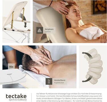 Масажний стіл Tectake® 3 зони, складаний, з регулюванням висоти, алюмінієвий, з аксесуарами (підголовник, підлокітники, сумка) - бежевий