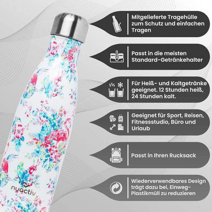 Фляга з нержавіючої сталі 500 мл – Легка ізольована фляга. Зберігає холод до 24 годин та тепло до 12 годин. Без витоку, з подвійними стінками, BPA-Free та міцна. Ідеально підходить для подорожей, активного відпочинку, школи, спорту, фітнесу та повсякденно