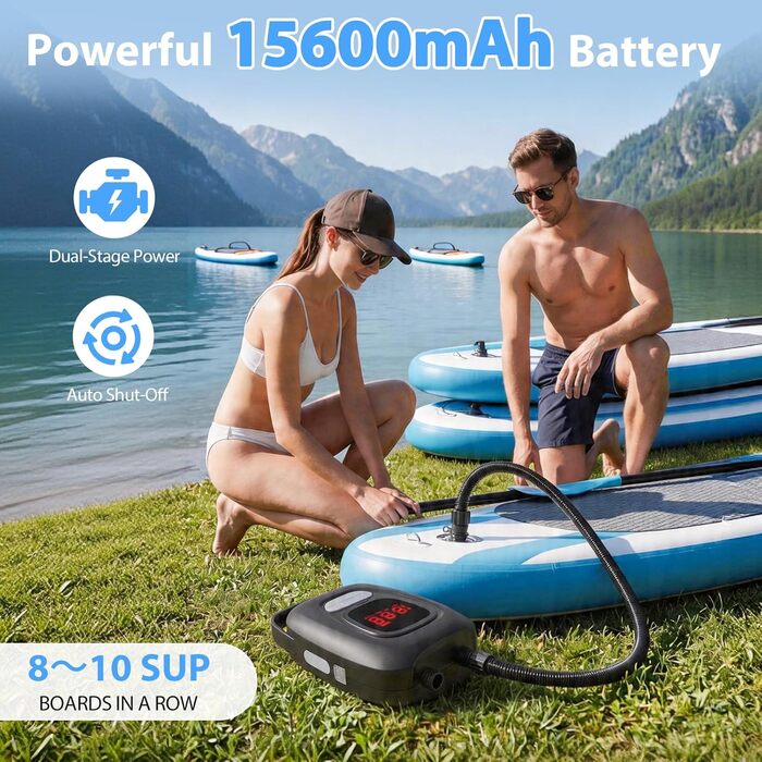 Електричний насос для SUP дошки 20 PSI, подвійний режим, акумулятор 6x2500mAh, LED, авто-стоп - для SUP, каяків, човнів, кемпінгу