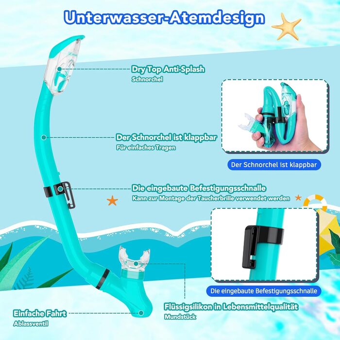 Набір для снорклінгу для дітей з ластами, маска з панорамним оглядом 180°, регульовані ласти, високоякісна маска та сухий снорк (трубка) для плавання, Aquagrün