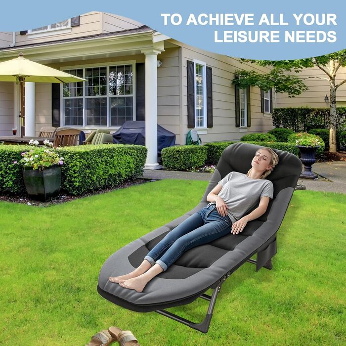 Кемпінгове ліжко AlpineAura - широке, складне, 190x65x30 см, 6 положень, для відпочинку на природі, чорне