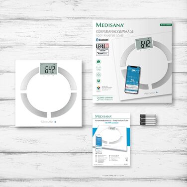 Medisana BS 444 Connect – смарт-ваги для аналізу складу тіла, 180 кг, вимірювання жиру, води, м'язової маси, кісткової тканини, Bluetooth, додаток, біла