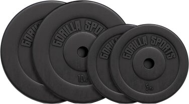 Диски для гантелей GORILLA SPORTS, набір/одиночно, 1,25–30 кг, отвір 30 мм, пластик, комплект гантелей 30 кг (2x5 + 2x10 кг)