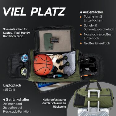 Спортивна сумка [з переробленого PET] 50L – Gym Bag та рюкзак в одному – водонепроникна сумка для тренувань чоловіча/жіноча – спортивний рюкзак з відділенням для взуття, фітнес, велика дорожня сумка (Pinewood Green)