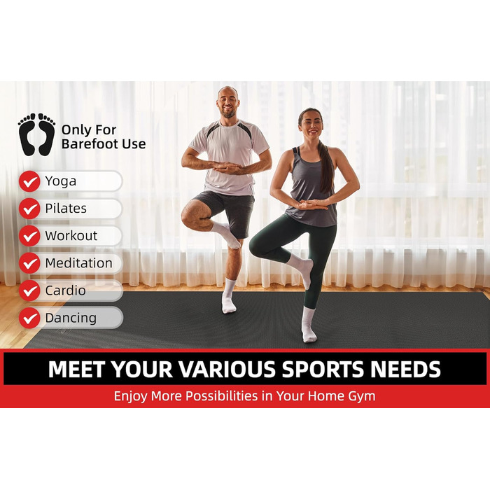 Фітнес-мат GymCope XXL, нековзкий, 183x122 см, 8 мм, PVC, чорний – килимок для йоги, пілатесу та гімнастики, зносостійкий, для спорту вдома та в залі