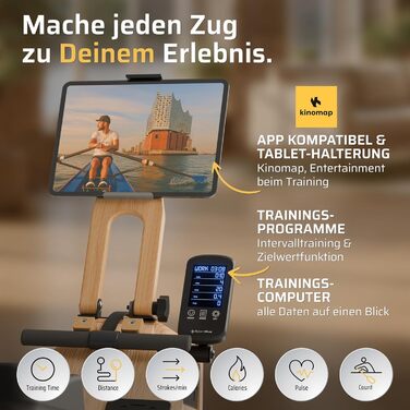 Водяний тренажер SportPlus для дому - складаний, міцний дуб, до 180 кг, сумісний з додатком