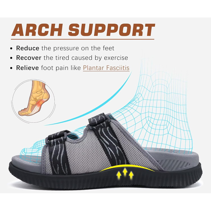 Чоловічі спортивні сандалі KuaiLu з м'якою устілкою, ортопедичні для фасціїту, підошва для хайкінгу, літні, легкі, відкриті, з регульованим липучкою (Сірий, 43 EU)