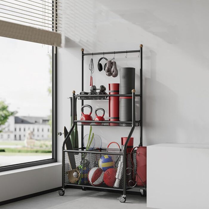 Стенд для зберігання тренувального обладнання: килимки для йоги, гантелі, штанги. З колесами та гаками. Чорний.