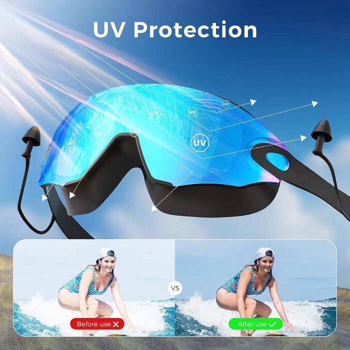 Окуляри для плавання унісекс дорослі, з UV-захистом та антифогом (чорні/блакитні лінзи)