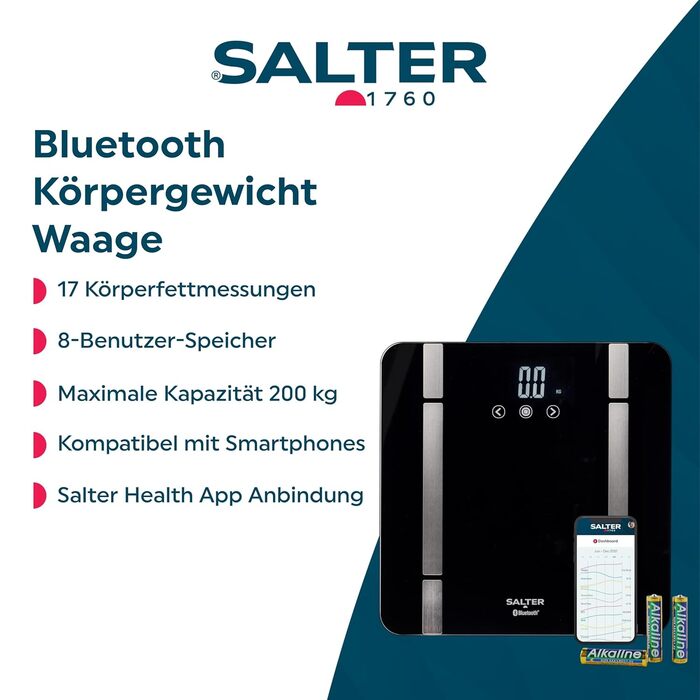 Ваги для ваги Salter SA00432FEU6 Bluetooth, максимальна вага 200 кг, 8 користувачів, підключення до Salter Health App, чорний